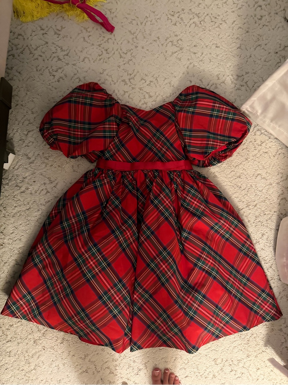 Red Plaid Puff-Sleeve Kids Dress